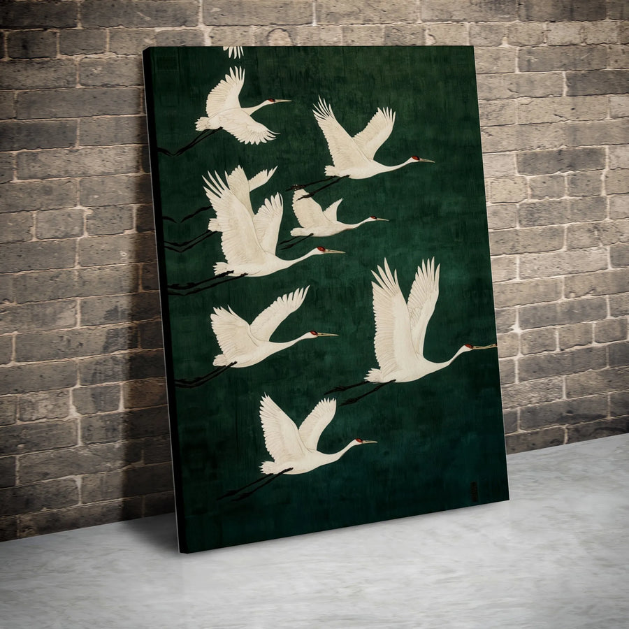 Japanese Crane Wall Art | Minimalist Flying Bird Canvas Print | Premium Gallery-Wrapped Decor | Elegant Zen Home Office Gift