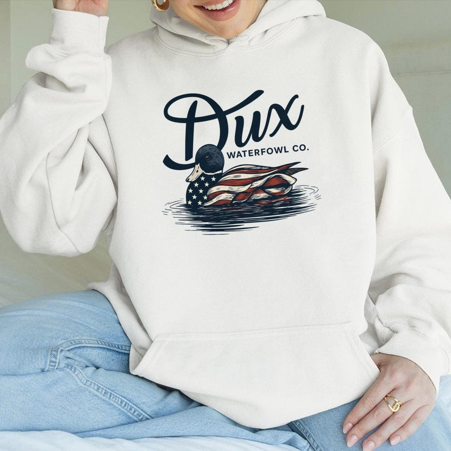 American Flag Duck Hoodie | Patriotic Waterfowl Hunting Graphic | Premium Cotton-Blend Sweatshirt | Wildlife Lover & Outdoorsman Gift