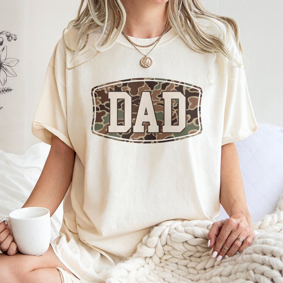 Camo Dad T-Shirt | Rustic Military Style Lettering | 100% Cotton Premium Tee | Best Father's Day 2026 Gift for Men & Grandpa