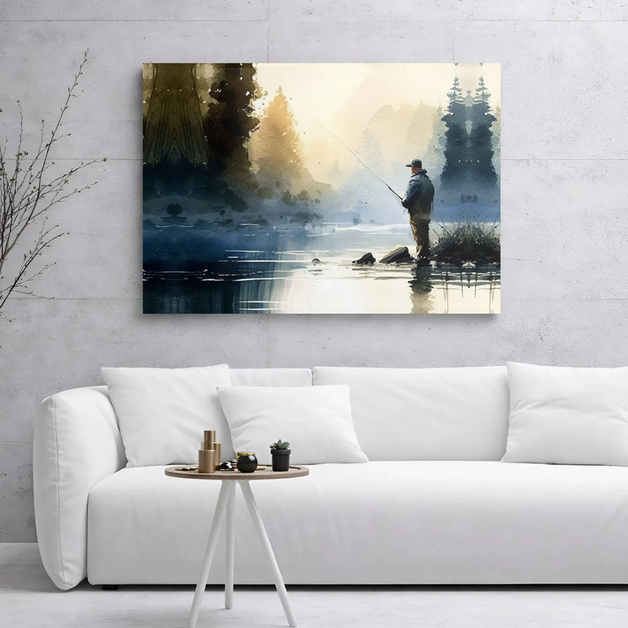 Fisherman Wall Art | Watercolor Lake Scenery Print | Premium Gallery Wrapped Canvas | Fishing Decor Gift for Men