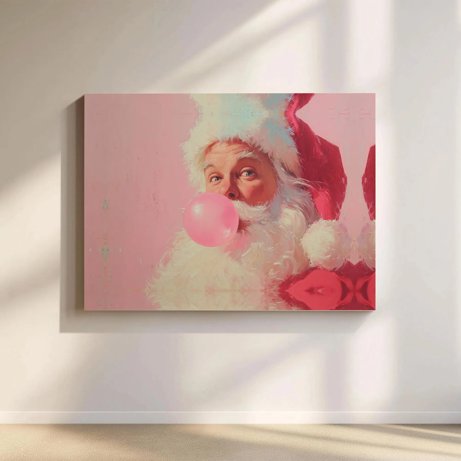 Santa Claus Canvas Wall Art | Bubble Gum Funny Holiday Portrait | Premium Gallery Wrap Print | Whimsical Christmas Decor for Home