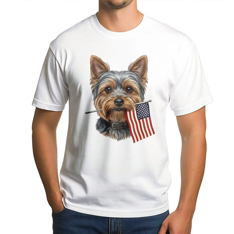 Yorkshire Terrier 4th of July T-Shirt | Patriotic Yorkie with American Flag | Premium Cotton-Blend Pullover | Independence Day Gift for Dog Lovers