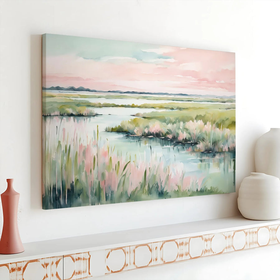 Marsh Landscape Canvas Print | Abstract Watercolor Marsh Scene | Premium Gallery Wrapped Art | Modern Coastal Wall Decor Gift