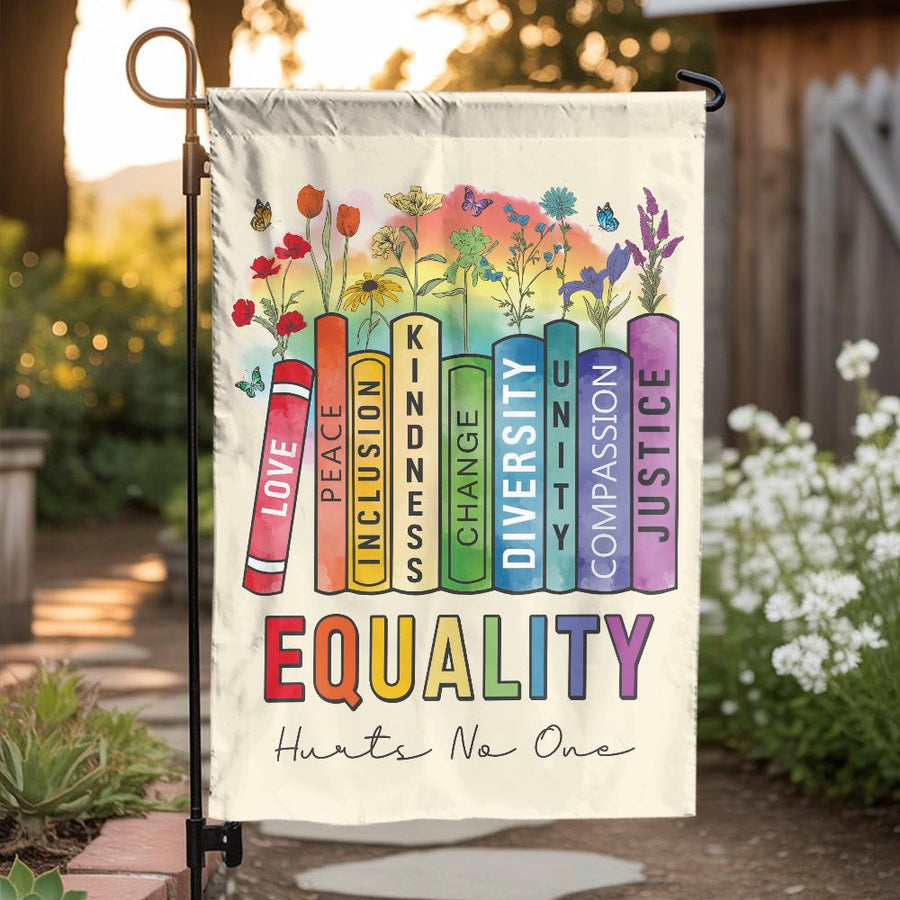 Equality Garden Flag | Colorful Book Stack Floral Yard Decor | Weather Resistant Polyester | Meaningful Gift For Teachers And Equality Advocates