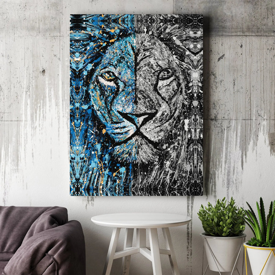 Abstract Lion Canvas Wall Art | Split-Face Blue & Monochrome Design | Premium 1.25" Gallery Wrap | Modern Home Office Decor Gift