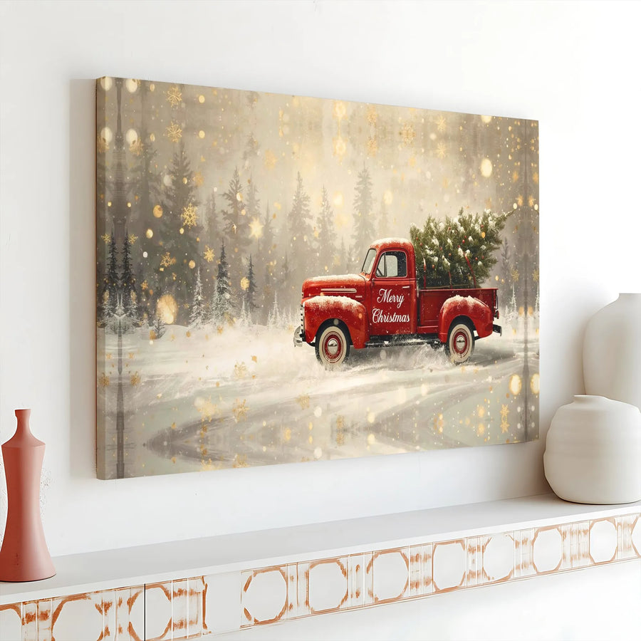 Merry Christmas Red Truck Canvas Print | Snowy Winter Forest Scene | Premium 1.25-Inch Gallery Wrap | Festive Holiday Farmhouse Wall Art Decor
