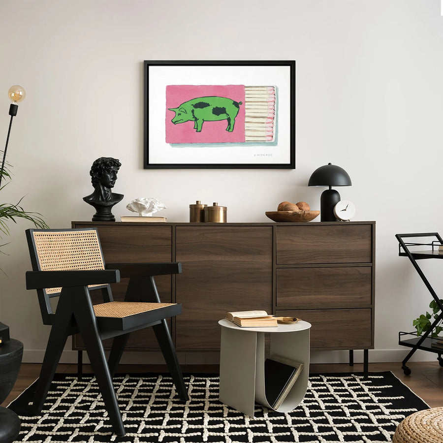 Green Pig Matchbox Canvas Wall Art | Whimsical Pop Art Illustration | Gallery-Quality Fade-Resistant Print | Unique Kitchen or Office Decor Gift