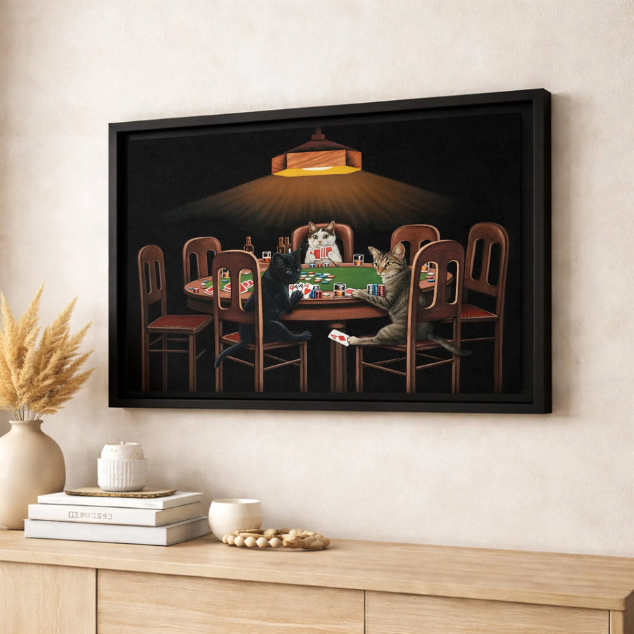 Cats Playing Poker Canvas Wall Art | Funny Animal Casino Oil Painting Parody | Premium Gallery Wrapped Print | Unique Gift For Cat Lovers & Gamers