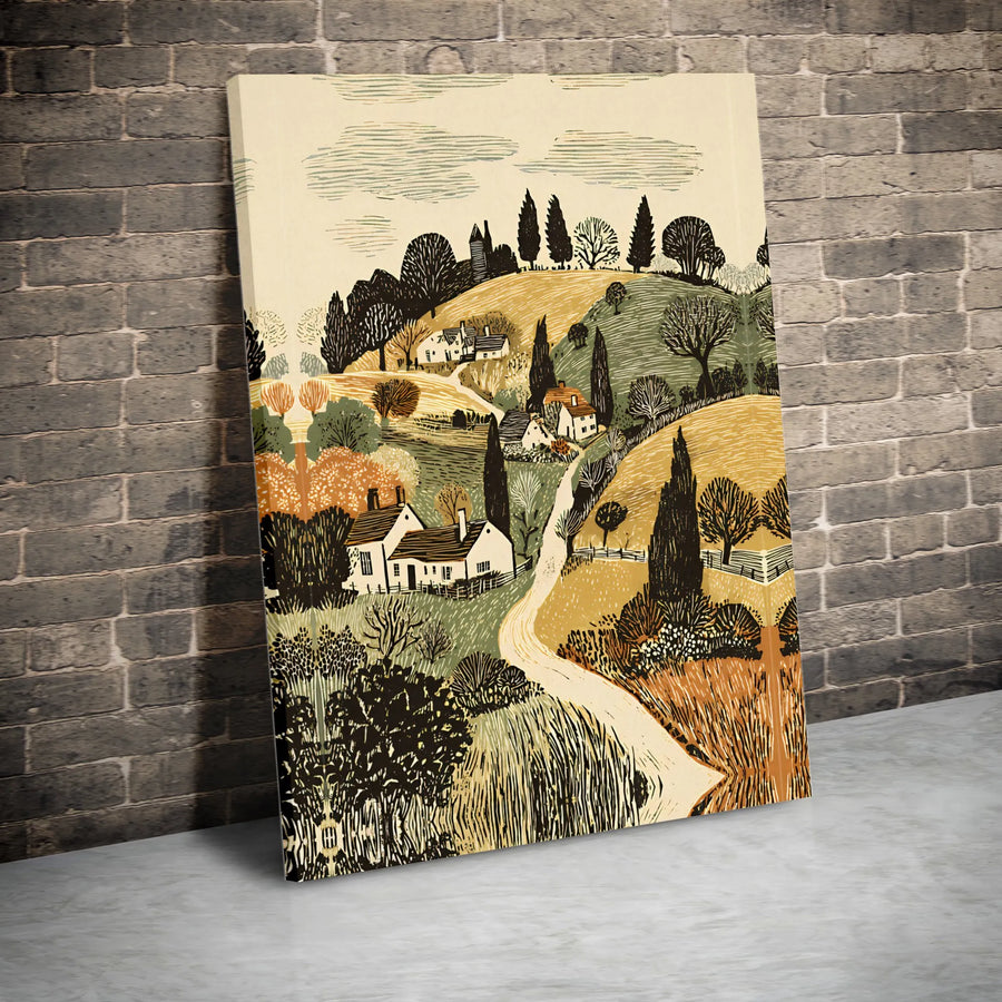 Countryside Landscape Canvas | Vintage Woodcut Style Village Scene | Premium Gallery Canvas | Farmhouse Home Decor Gift
