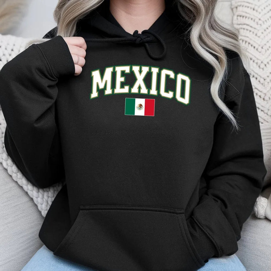 Mexico Hoodie | Vintage Collegiate Arch Graphic & Flag | Soft Cotton Blend Crewneck | Gift for Mexican Soccer Fan, Patriotic Pride Apparel