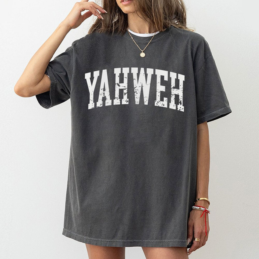 Yahweh Christian T-Shirt | Distressed Varsity Text Religious Graphic | 100% Premium Cotton Tee | Faith-Based Gift For Men And Women