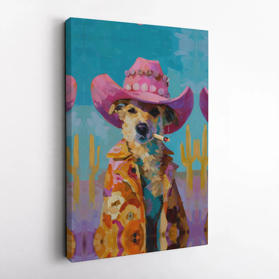 Western Dog Wall Art | Pink Cowboy Hat Desert Oil Painting | Gallery Wrapped Premium Canvas | Fun Cowboy Aesthetic Gift for Dog Lovers