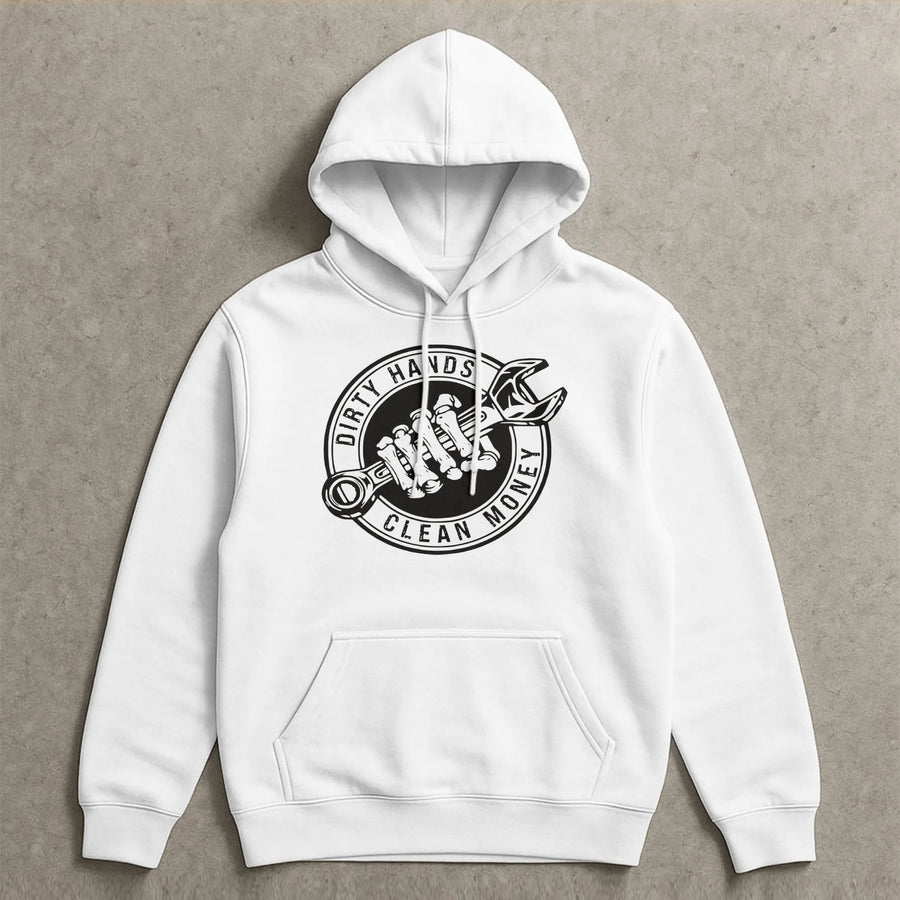 Dirty Hands Clean Money Hoodie | Mechanic Skeleton Wrench Graphic | Premium Cotton Blend | Gift for Auto Technician or Hardworking Dad