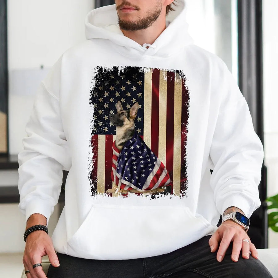 German Shepherd American Flag Hoodie | Patriotic Dog Lover Graphic Sweatshirt | Cotton Blend Premium Pullover | Gift for Men and Women