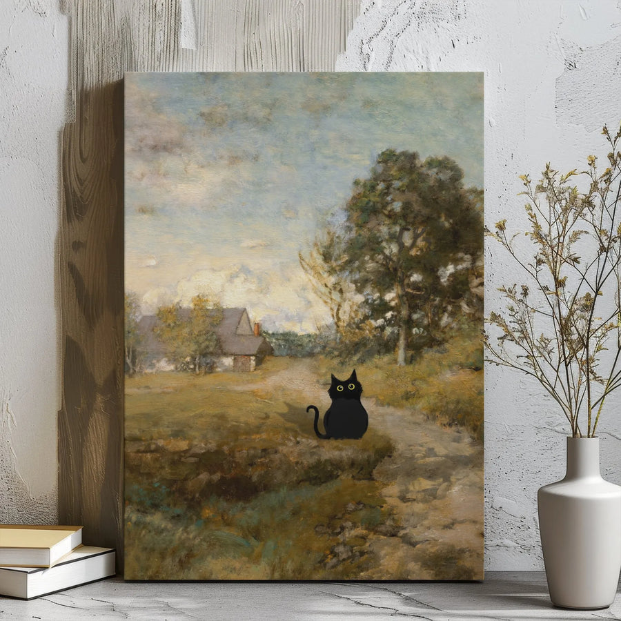Black Cat Landscape Wall Art | Whimsical Illustration in Oil Painting Style | Premium Gallery Wrap Canvas | Unique Home Decor Gift for Cat Lovers