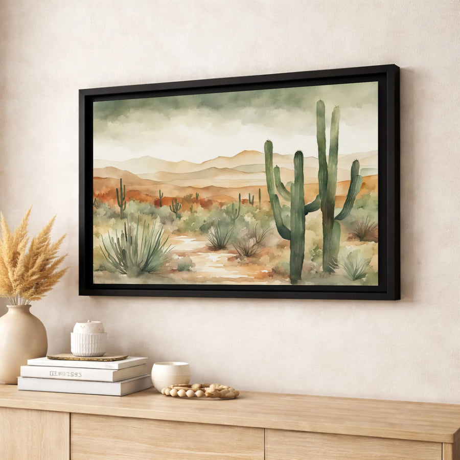 Watercolor Desert Landscape Canvas | Saguaro Cactus Mountains Wall Art | Premium Gallery-Wrapped Print | Southwestern Home Decor Gift