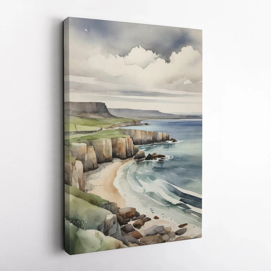 Coastal Cliff Seascape Canvas Print | Watercolor Ocean Landscape Wall Art | Premium Fade-Resistant Gallery Wrap | Modern Beach Home Decor Gift