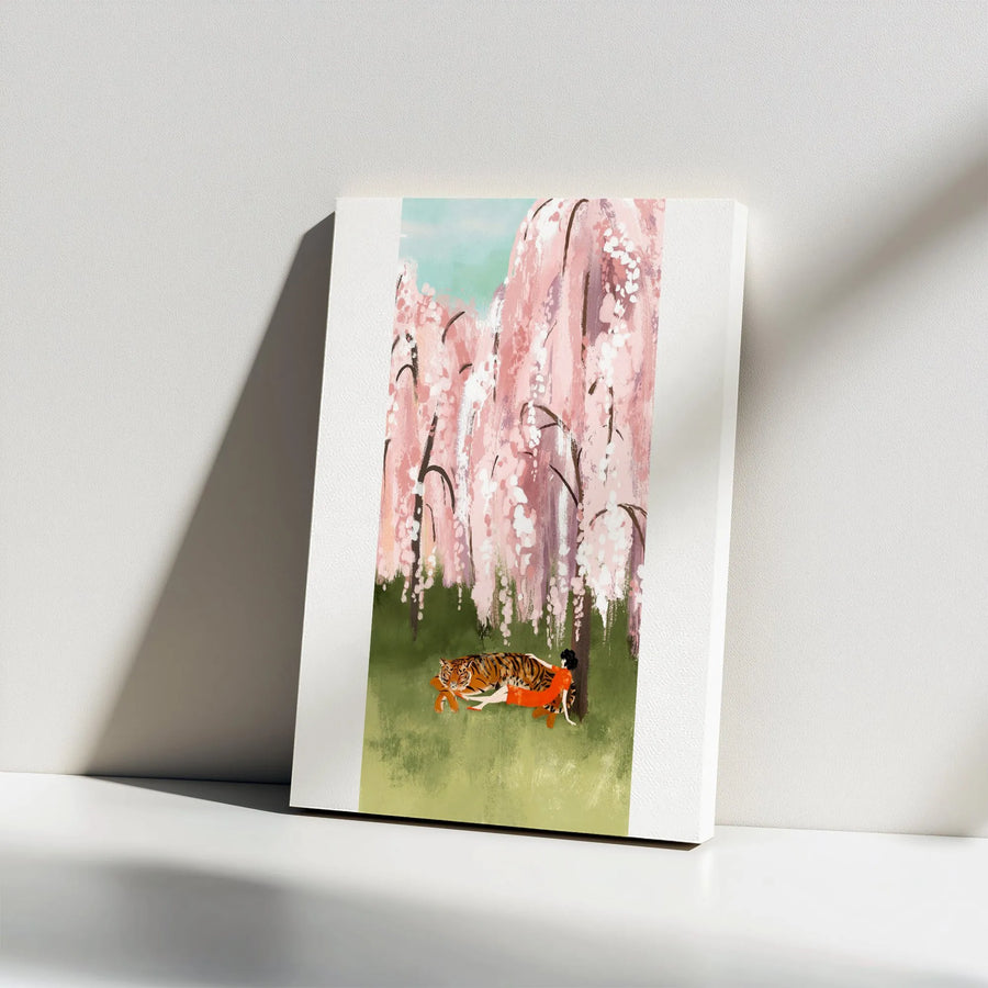 Tiger and Woman Canvas Wall Art | Japanese Style Pink Cherry Blossom Illustration | Premium 1.25" Thick Canvas | Zen Living Room Decor Gift