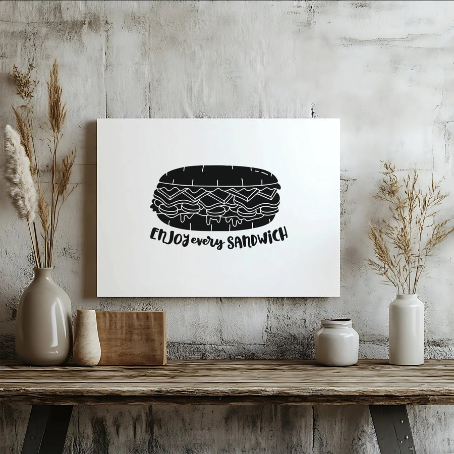 Enjoy Every Sandwich Canvas Art | Minimalist Black And White Illustration | Premium Gallery Wrap Decor | Fun Kitchen Wall Art Gift For Foodies