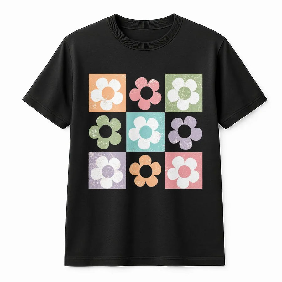 Retro Floral Grid T-Shirt | Vintage 70s Boho Flower Graphic | Soft 100% Cotton Tee | Aesthetic Summer Gift for Her