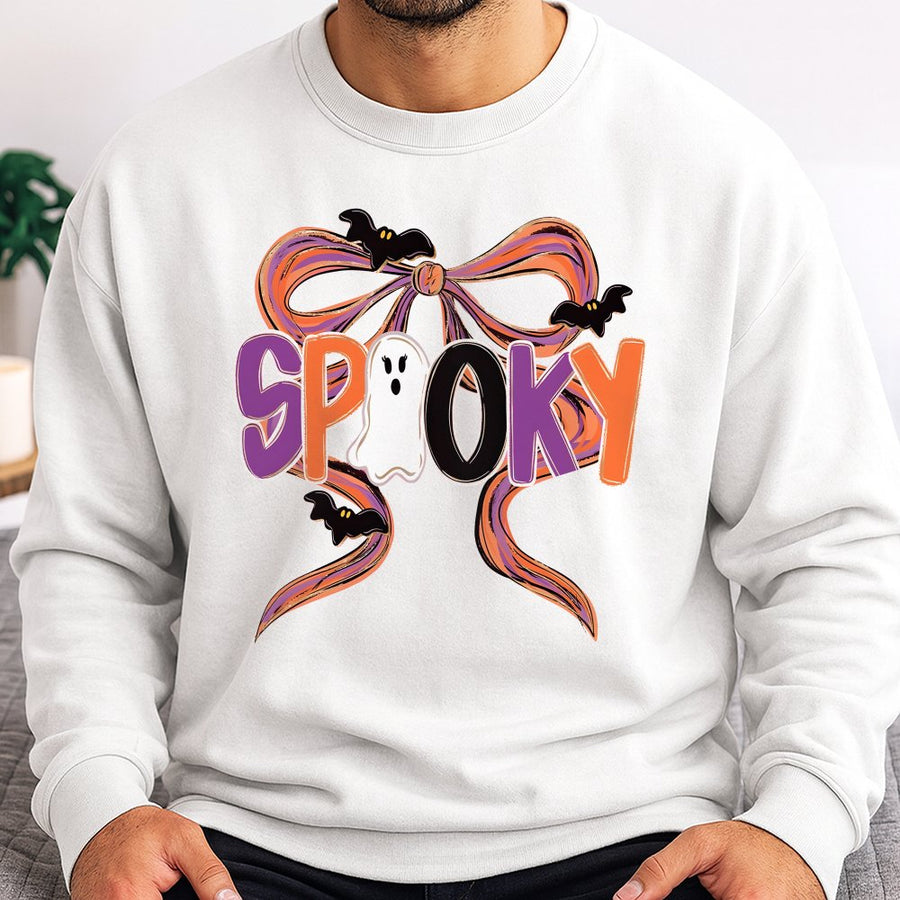Spooky Ghost Bow Sweatshirt | Coquette Aesthetic Halloween Graphic | Cotton Blend Premium Crewneck | Trendy Fall Gift for Women