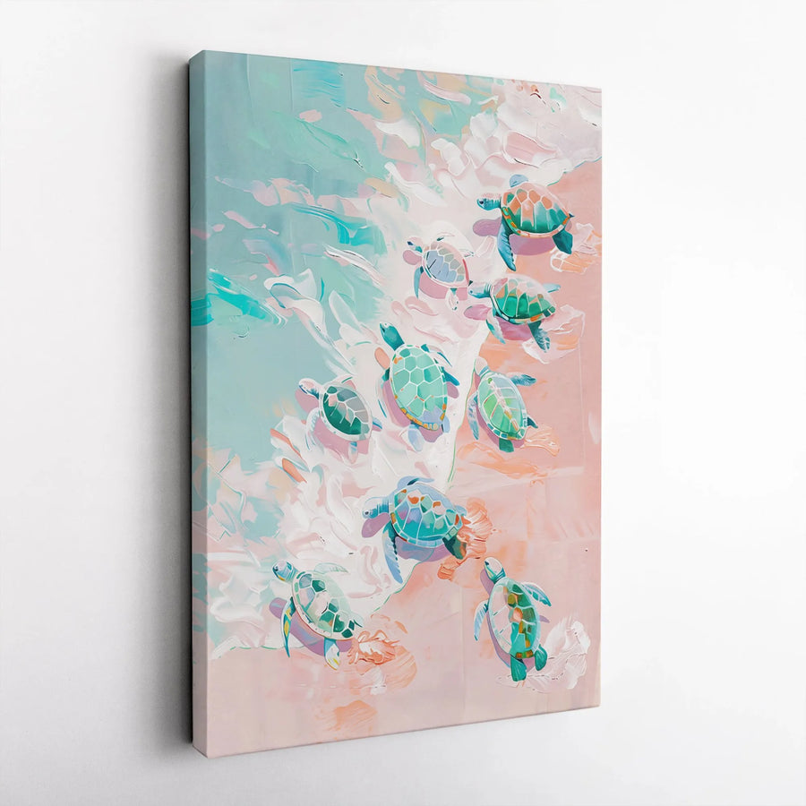 Baby Sea Turtle Wall Art | Abstract Beach Ocean Painting | Premium Gallery-Wrapped Canvas | Coastal Home Decor Gift for Ocean Lovers