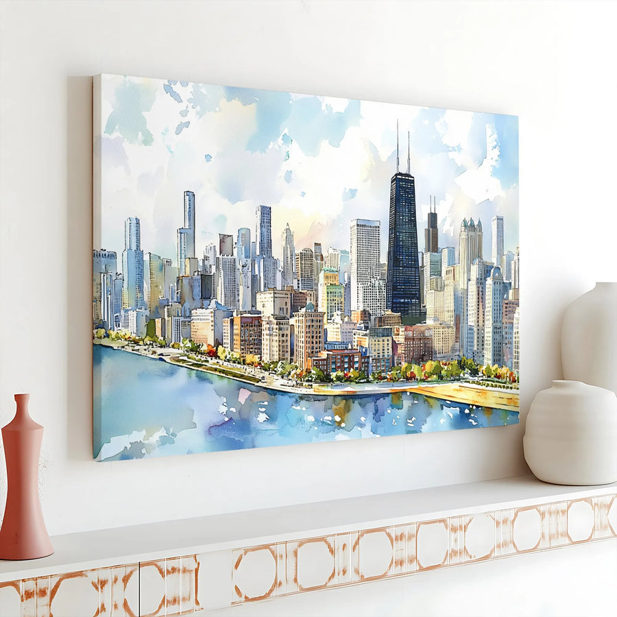 Chicago Skyline Canvas Print | Watercolor Cityscape Wall Art | 1.25 Inch Gallery Wrap | Premium Home Decor Gift for City Lovers