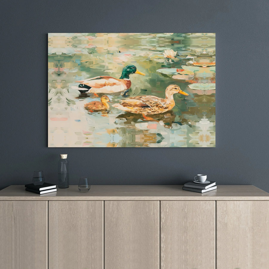 Mallard Duck Family Canvas Wall Art | Impressionist Pond Painting | Premium Gallery Wrapped Decor | Nature Lover Living Room Gift