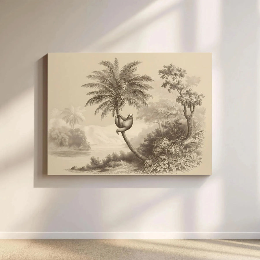 Sloth Wall Art | Vintage Etching Tropical Palm Tree Print | Premium Gallery Wrapped Canvas | Nature-Inspired Home Decor Gift