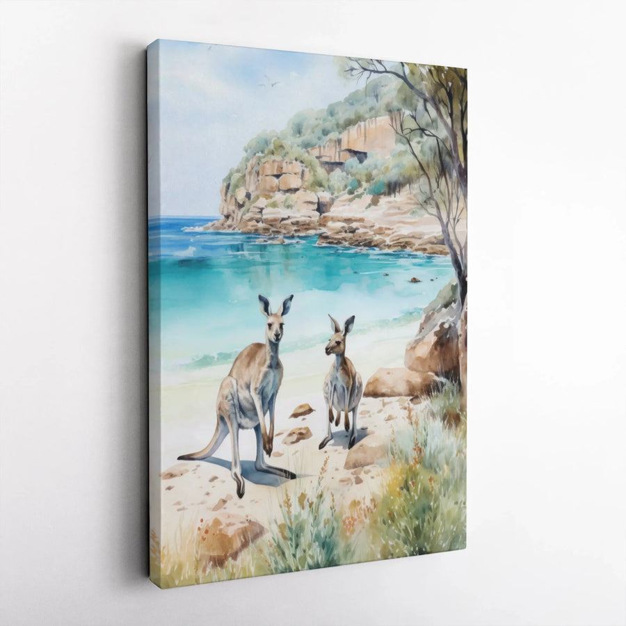Watercolor Kangaroo Canvas Print | Coastal Australian Wildlife Scene | Thick Gallery Wrap Canvas | Collector's Gift for Nature Lover
