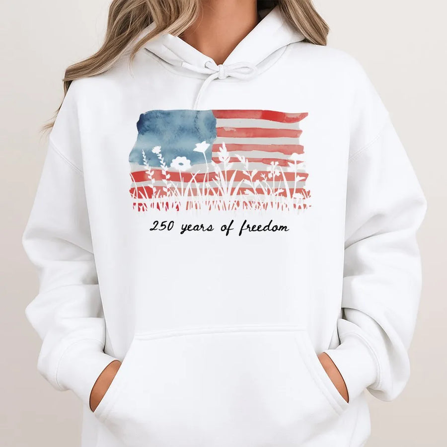America 250 Hoodie | Watercolor Flag Wildflower Graphic | Premium Cotton Blend | Patriotic Fourth of July Gift for Women
