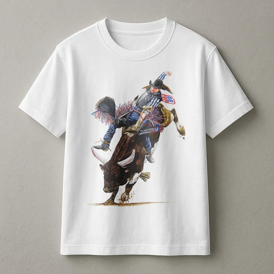 Rodeo Bull Riding T-Shirt | Western Cowboy Action Graphic | 100% Cotton Premium Tee | Country Western Gift For Men And Women