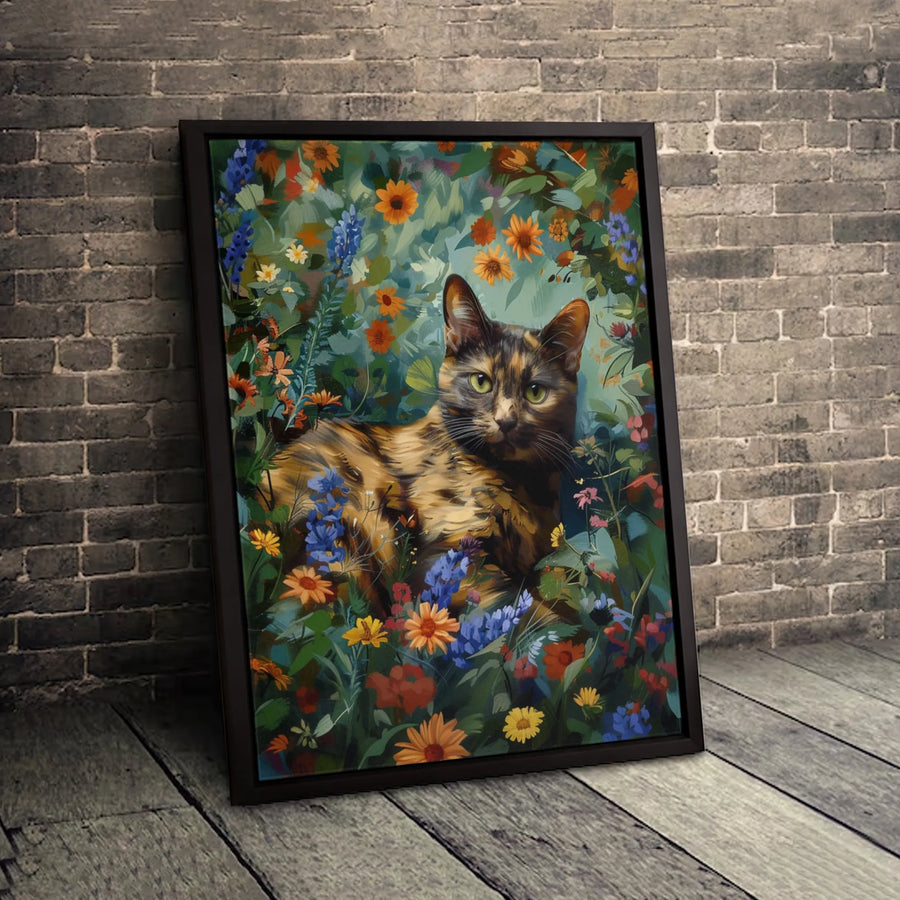 Tortoiseshell Cat Wall Art | Floral Meadow Painting Print | 1.25-Inch Gallery Wrapped Canvas | Premium Gift for Cat Lovers