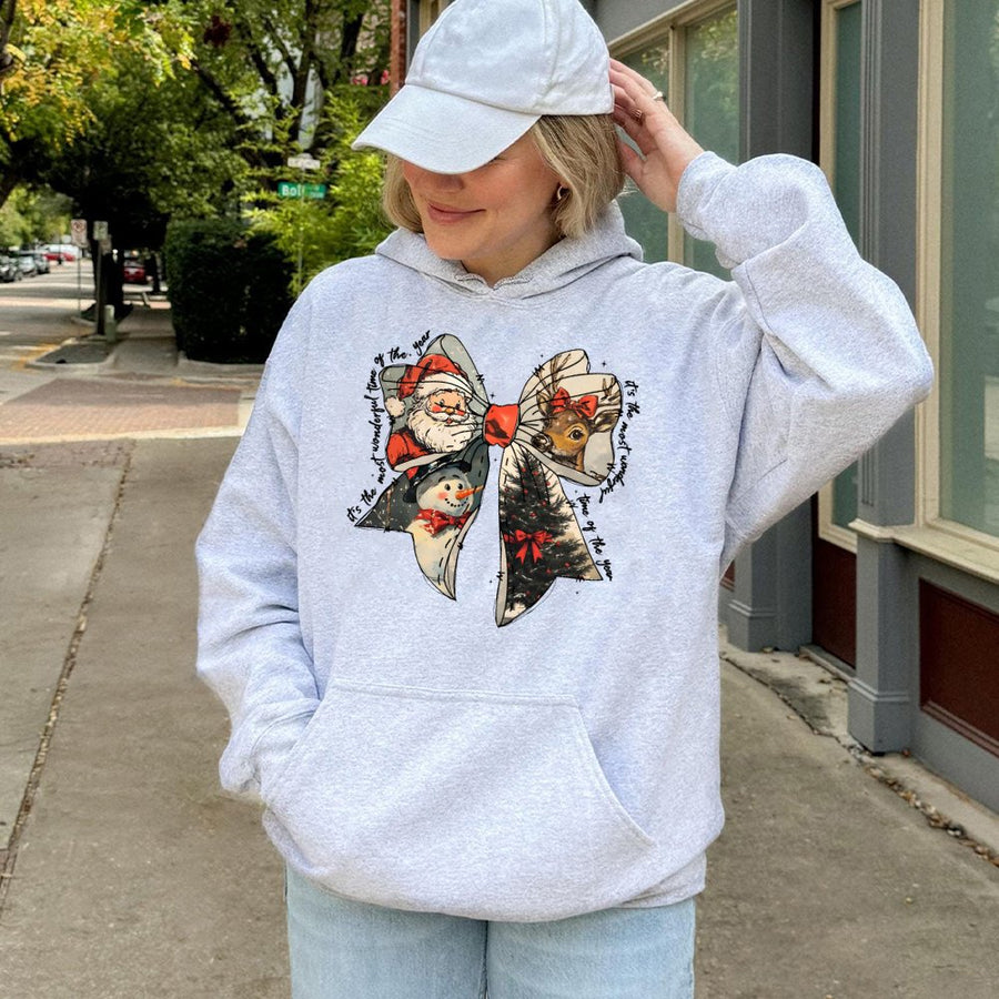 Christmas Coquette Bow Hoodie | Vintage Santa Snowman Reindeer Design | Premium Cotton Blend | Festive Holiday Gift for Women and Teens