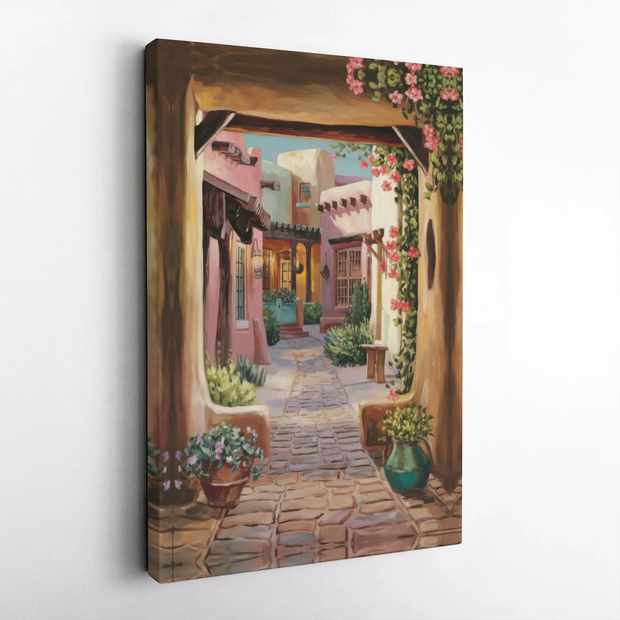 Santa Fe Adobe Courtyard Wall Art | Southwestern Cobblestone Garden Landscape | Premium Fade-Resistant Canvas | Home & Office Decor Gift