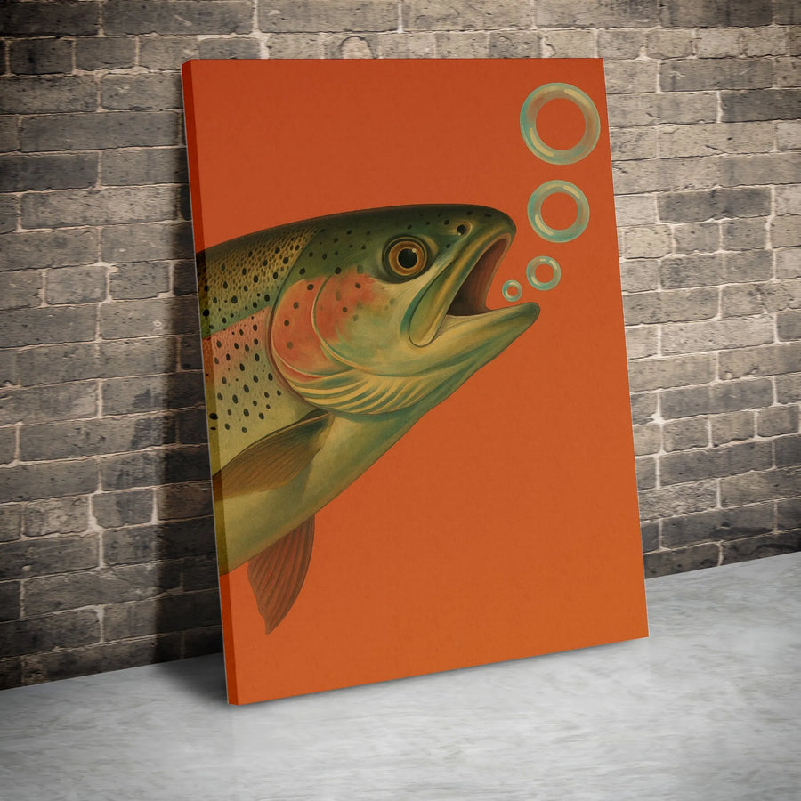 Rainbow Trout Canvas Art | Vintage Fish Illustration Blowing Bubbles | Premium Gallery Wrap Print | Fisherman Gift & Cabin Decor