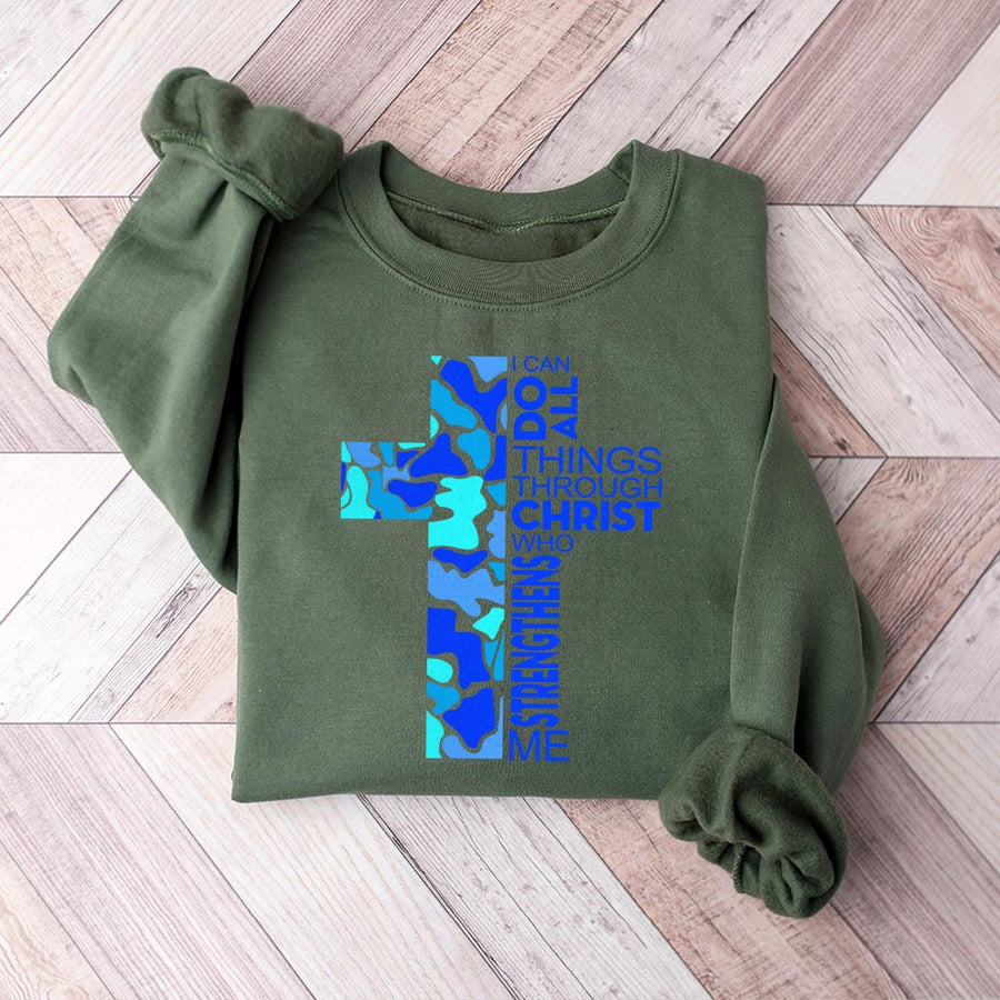 Christian Sweatshirt | Blue Camo Cross Philippians 4:13 | Premium Cotton Blend | Religious Faith Gift for Men and Women