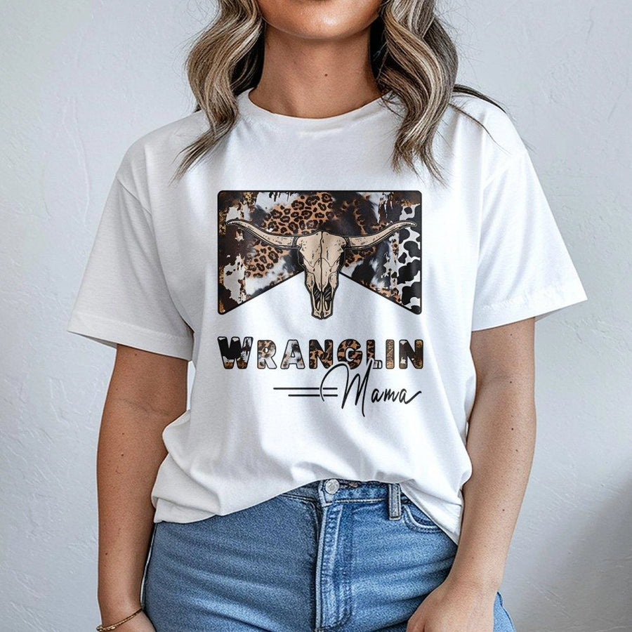 Wranglin Mama T-Shirt | Rustic Western Cow Skull & Leopard Print | Premium Soft Cotton Blend | Country Cowgirl Gift for Women