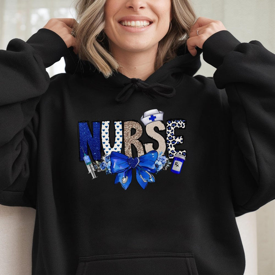 Nurse Hoodie | Blue Coquette Floral Bow Aesthetic | Soft Cotton-Polyester Blend | Nursing School Graduation Gift for Her