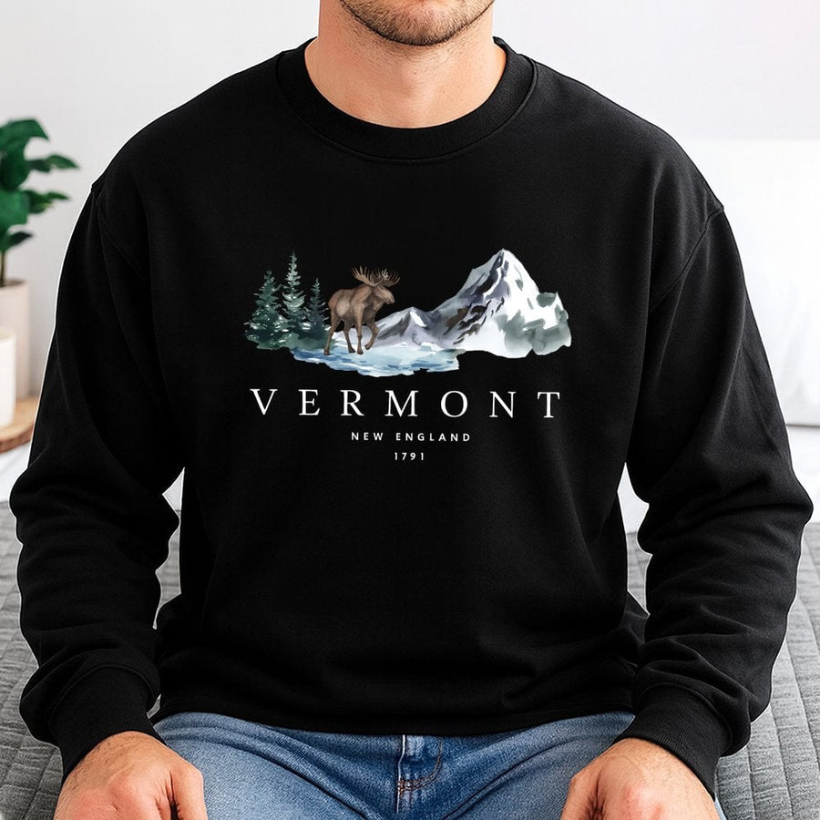 Vermont Sweatshirt | Watercolor Moose & Mountain Design | Premium Cotton Blend Crewneck | Cozy New England Nature Lover Gift
