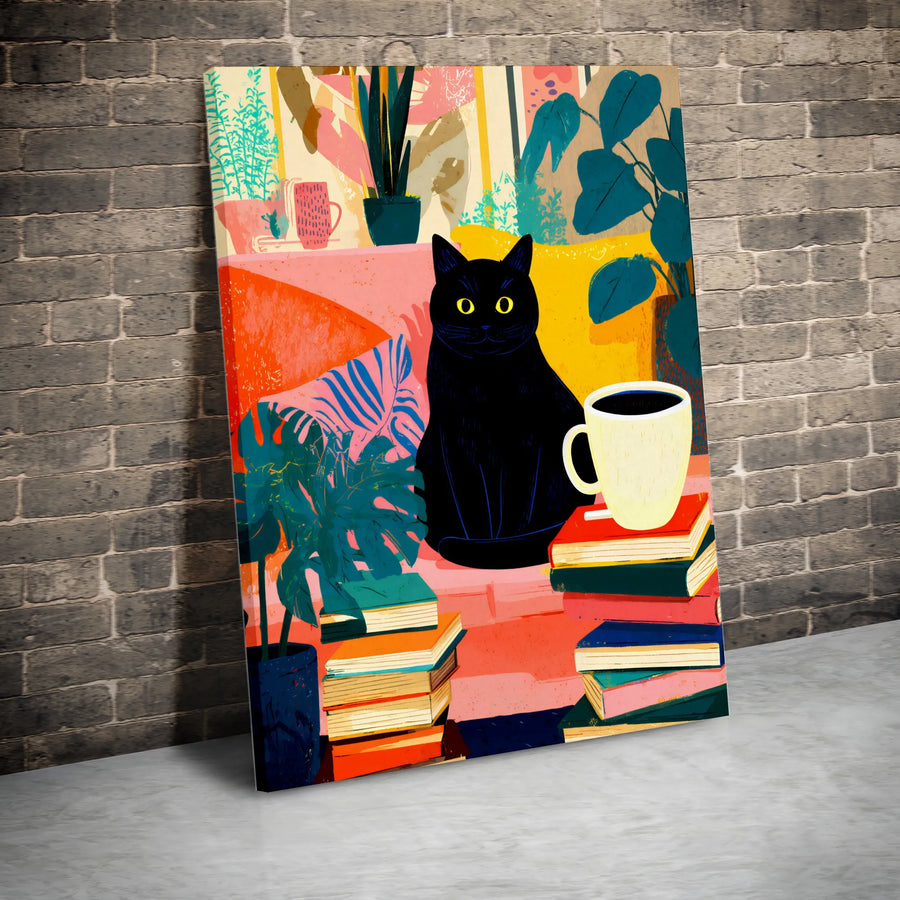 Black Cat Wall Art | Whimsical Book Lover Canvas Print | Premium Gallery-Wrapped Decor | Unique Gift for Cat Moms and Bibliophiles