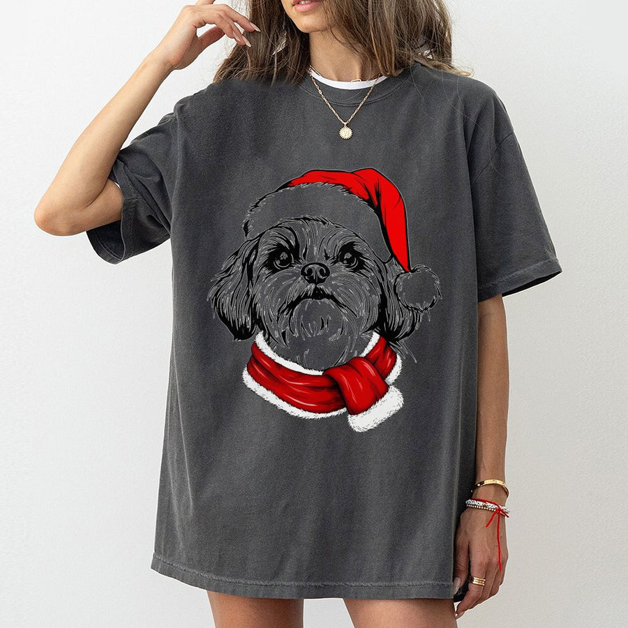Shih Tzu Christmas T-Shirt | Santa Hat and Scarf Graphic | 100% Cotton Premium Tee | Festive Holiday Gift for Dog Lovers