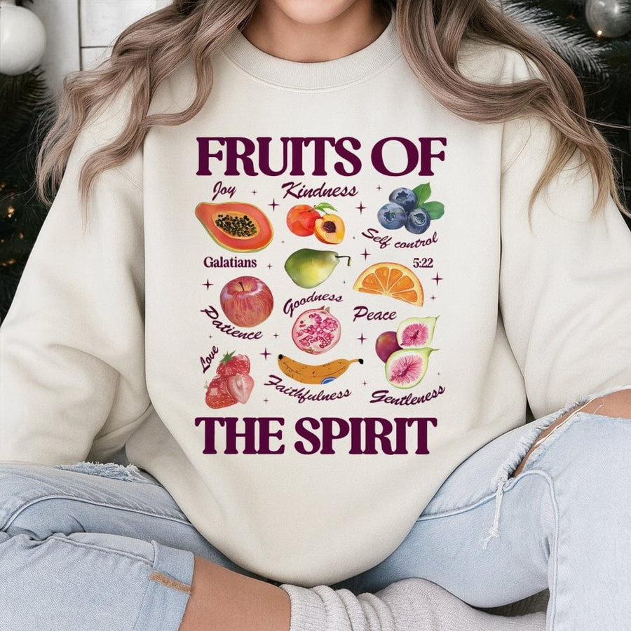 Fruits Of The Spirit Sweatshirt | Galatians 5:22 Bible Verse Graphic | Premium Cotton Blend Crewneck | Christian Faith Apparel Gift For Her