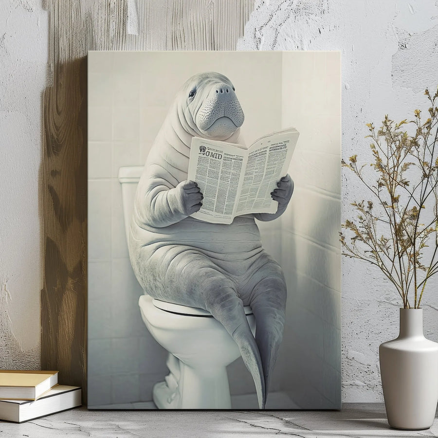 Manatee Bathroom Wall Art | Funny Sea Cow Reading Newspaper Canvas | Premium 1.25-Inch Gallery Wrap | Whimsical Home Decor Gift for Animal Lovers
