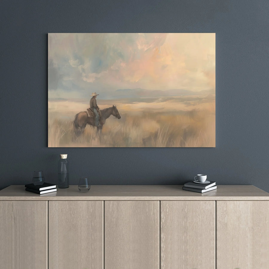 Lone Cowboy Wall Art | Western Horseback Landscape Oil Painting Style | Premium Gallery Wrap Canvas | Rustic Home Decor Gift for Him