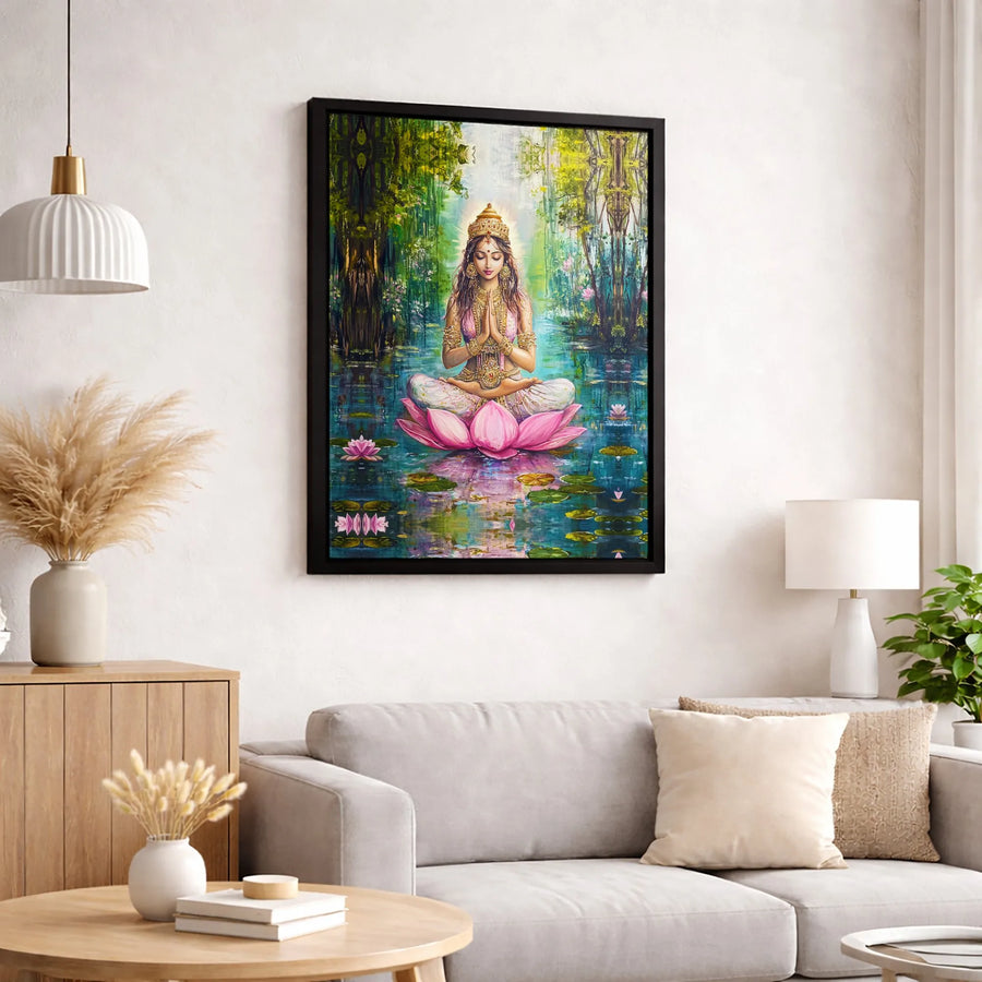 Meditating Goddess Wall Art | Spiritual Lotus Flower Canvas Print | Gallery Quality 1.25 Inch Profile | Zen Decor for Yoga Studio or Home Office