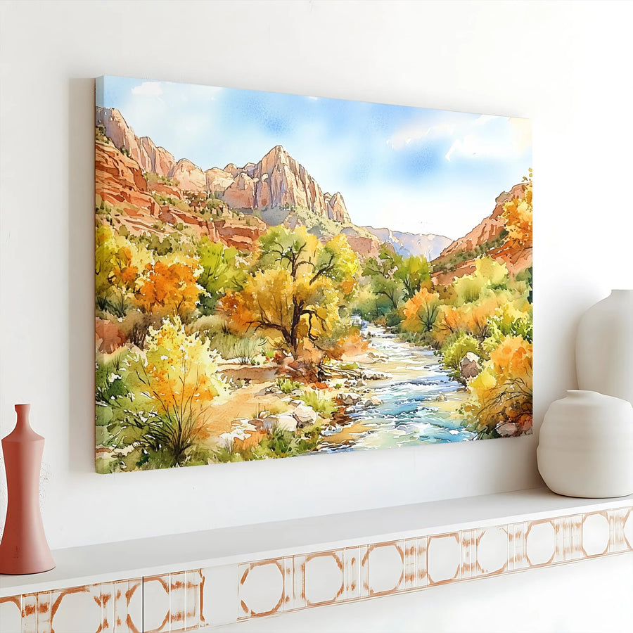 Zion National Park Canvas Print | Watercolor Landscape River Art | Premium Gallery Wrap 1.25 inch | Nature Lover Home Decor Gift