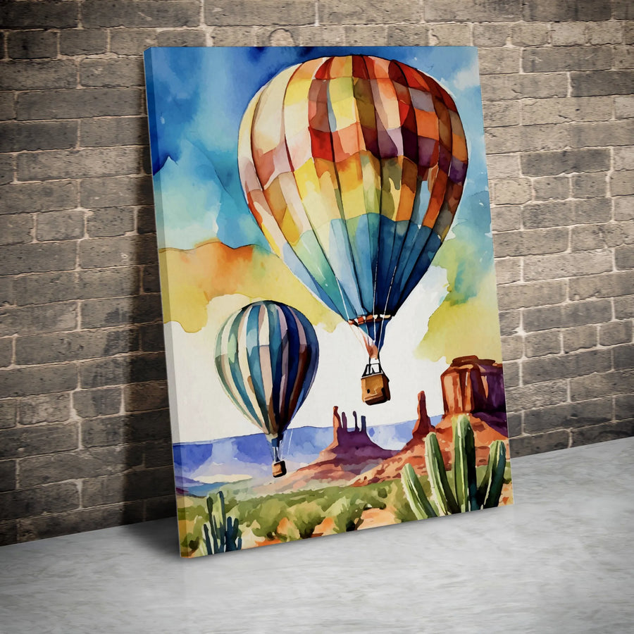 Watercolor Hot Air Balloon Canvas Wall Art | Desert Landscape With Cacti | Premium Fade-Resistant Print | Southwestern Home Decor Gift