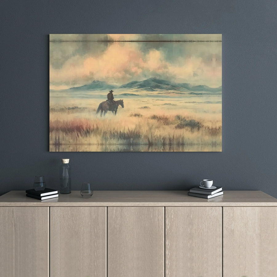 Western Cowboy Wall Art | Misty Landscape Horse Painting | Premium Stretched Canvas Print | Rustic Home Office Decor Gift