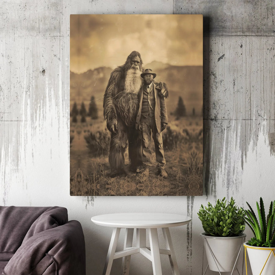 Bigfoot With Cowboy Canvas Wall Art | Vintage Sepia Portrait | Premium 1.25-Inch Gallery Wrap | Unique Cryptid Gift for Office or Home Decor